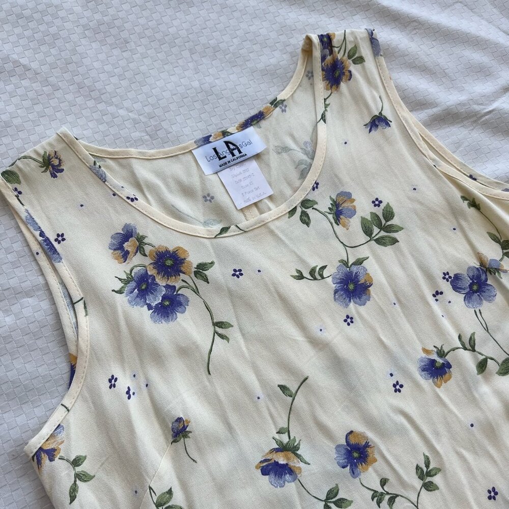 Los Angeles Gal | 90s Vintage Pale Yellow Dress with Purple Flowers, Size 8/12